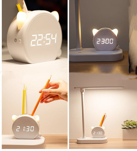 LED Desk Lamp with Pen Holder & Digital Clock, Charging Eye Protection T... — View 2
