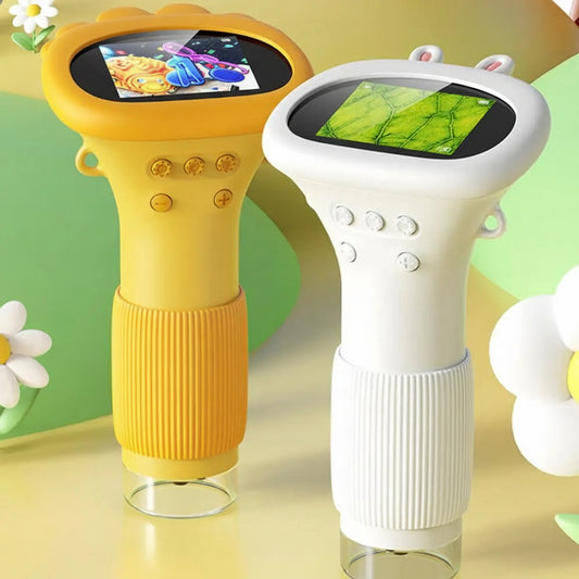 Two colorful electronic devices with screens on a green and yellow gradient background.