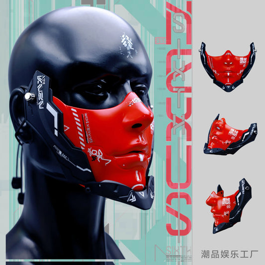 Cyberpunk Half Face Mechanical Mask – Red | Cosplay & Halloween Costume Prop