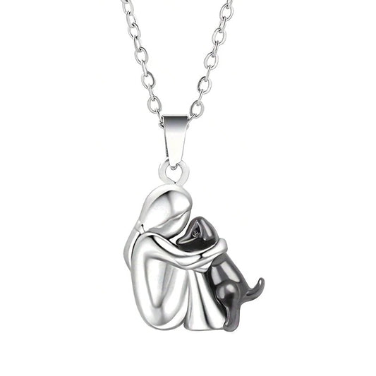 Cute Two-Tone Girl Hugging Dog Necklace | Handcrafted Pet Lover Pendant — View 2