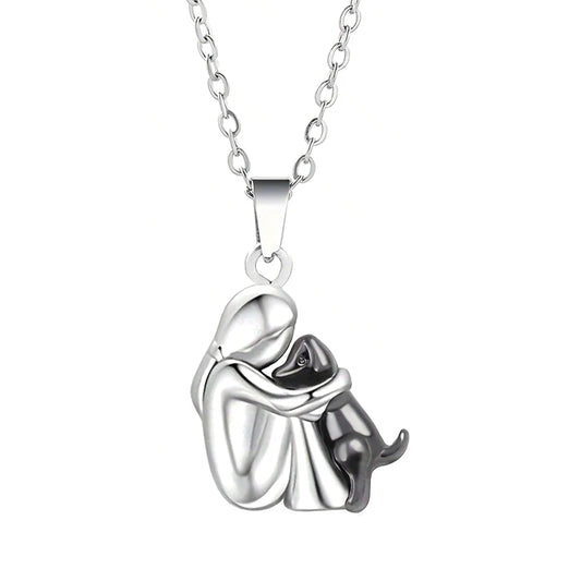 Cute Two-Tone Girl Hugging Dog Necklace | Handcrafted Pet Lover Pendant