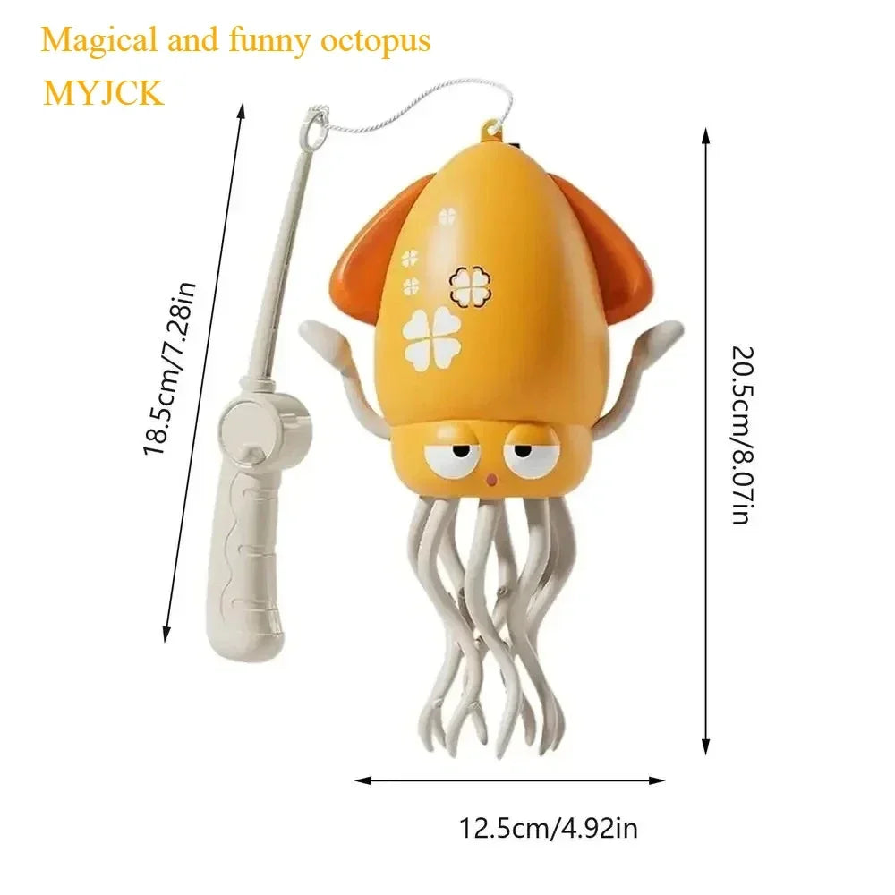 Toy octopus with remote control, labeled 'Magical and funny octopus MYJCK', shown with measurements on a white background.