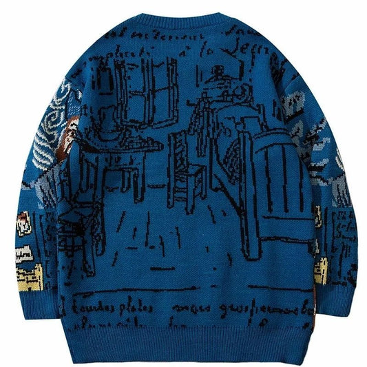 Van Gogh Graffiti Print Knitted Sweater – Oversized Unisex Streetwear Pullover, 95% Cotton - GiftWave.co