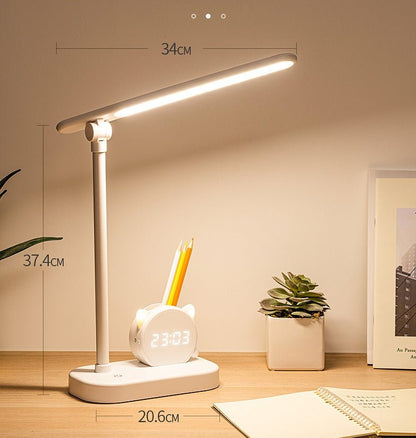 LED Desk Lamp with Pen Holder & Digital Clock, Charging Eye Protection T... — View 5