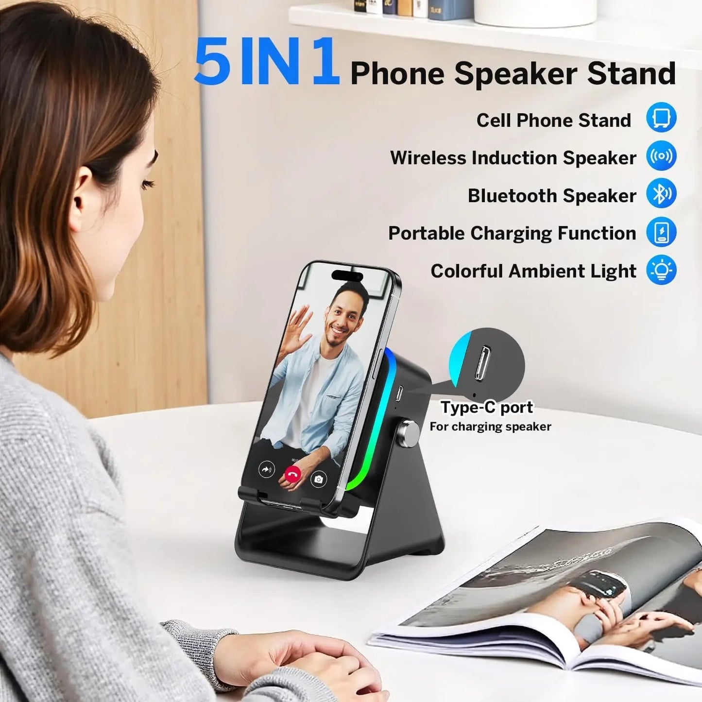 5-in-1 Wireless Bluetooth Speaker Phone Stand RGB Light Auto Induction C... — View 3
