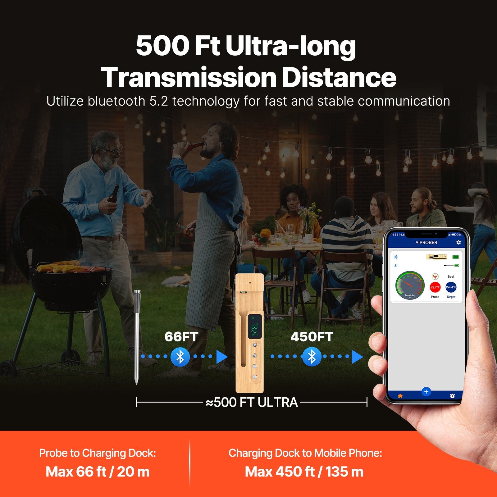 Wireless Smart Meat Thermometer — 500ft Bluetooth BBQ Probe for Grill, S... — View 3