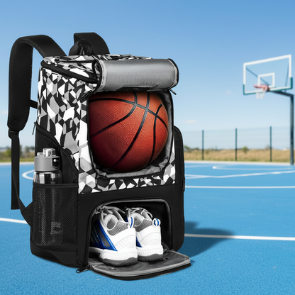 Backpack with basketball and shoes on a basketball court
