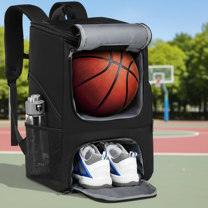 Backpack with basketball compartment and measurements, basketball game background
