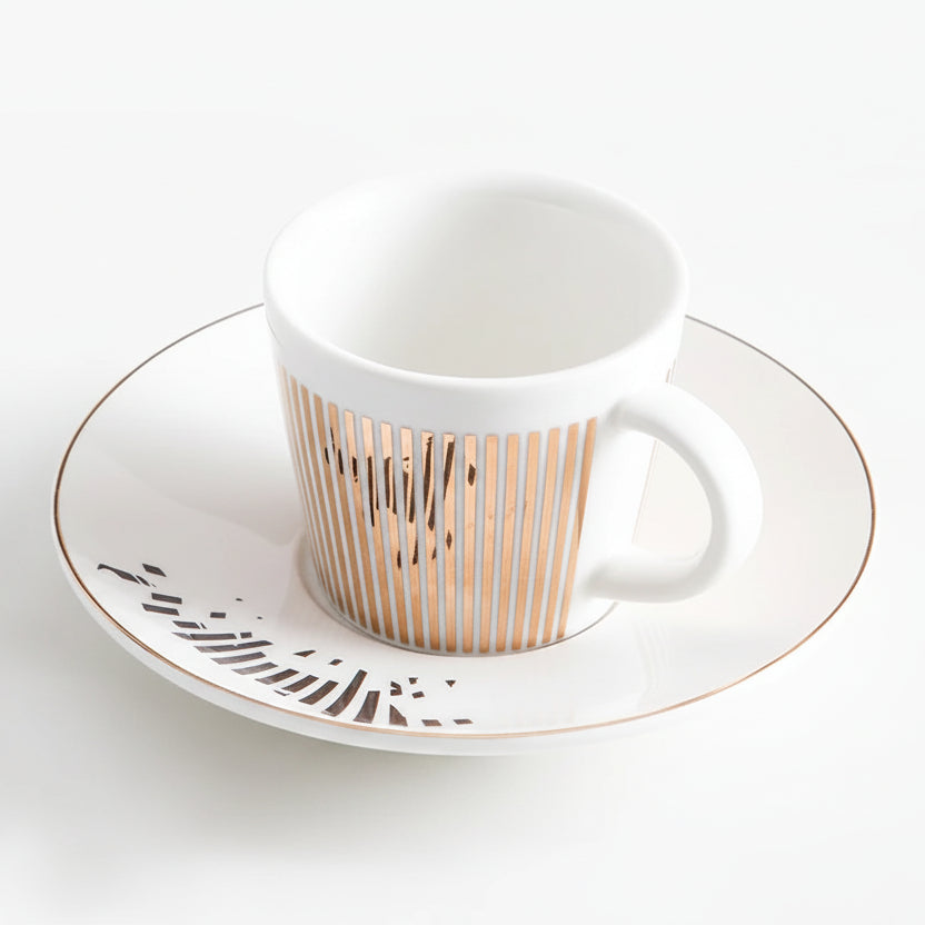 White ceramic cup with gold interior and saucer on a white background, labeled 'Horse 230ml'.