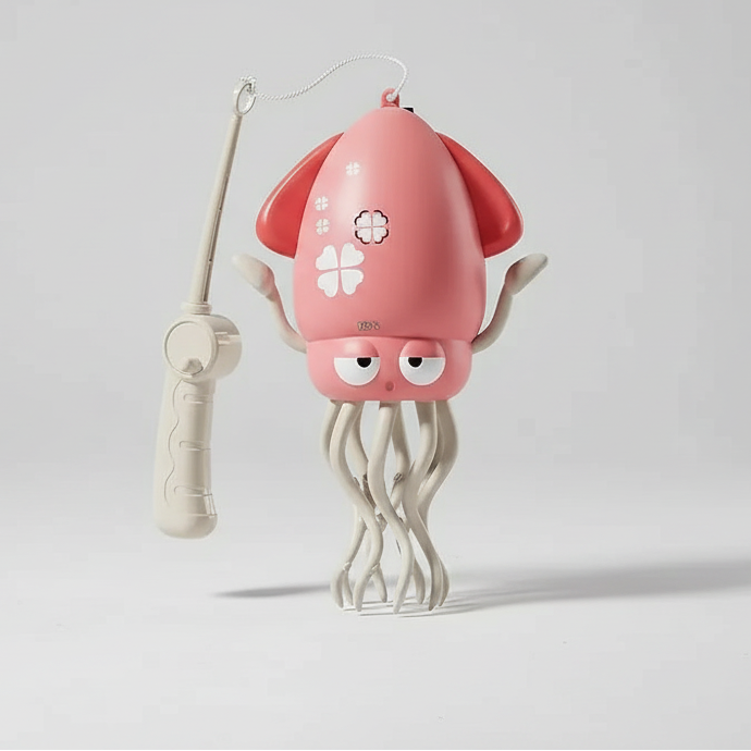 Pink octopus-shaped toy with remote control and measurements on a white background