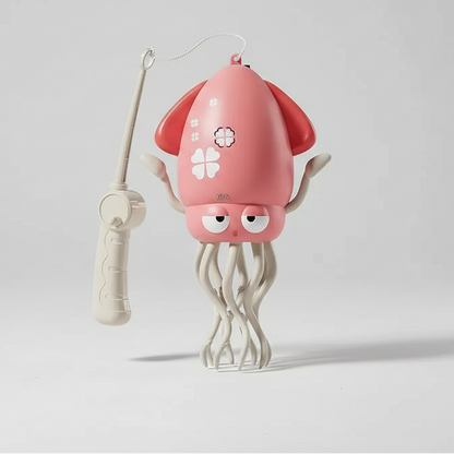 Pink octopus-shaped toy with remote control and measurements on a white background