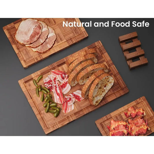 Bamboo Charcuterie & Prep Board Set 3-Piece End Grain Butcher Block Juic... — View 2