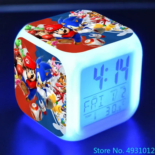 Anime Sonic & Mario Bros Figure Model LED Alarm Clock: 7-Color Touch Light Desk Clock