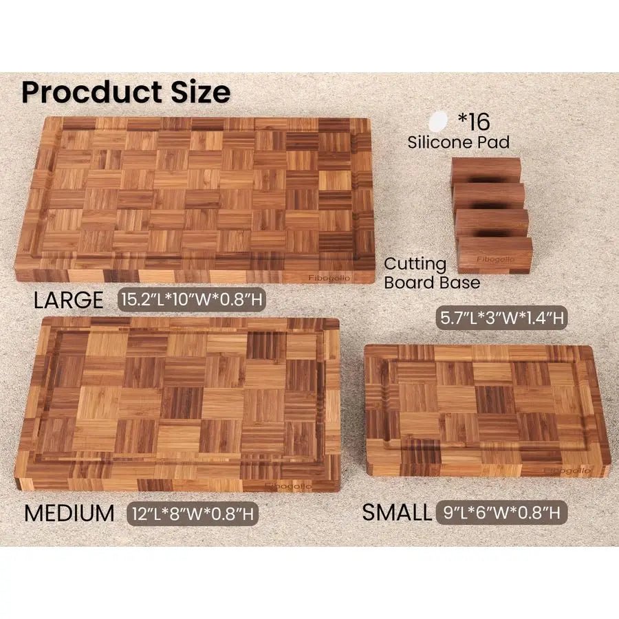 Bamboo Charcuterie & Prep Board Set 3-Piece End Grain Butcher Block Juic... — View 6