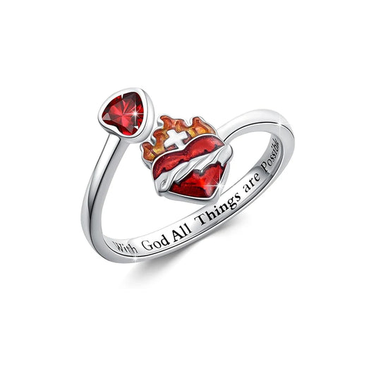 Radiant Ignite™ Flame-Red Heart Ring | Personalized Ruby-Embellished Open Ring