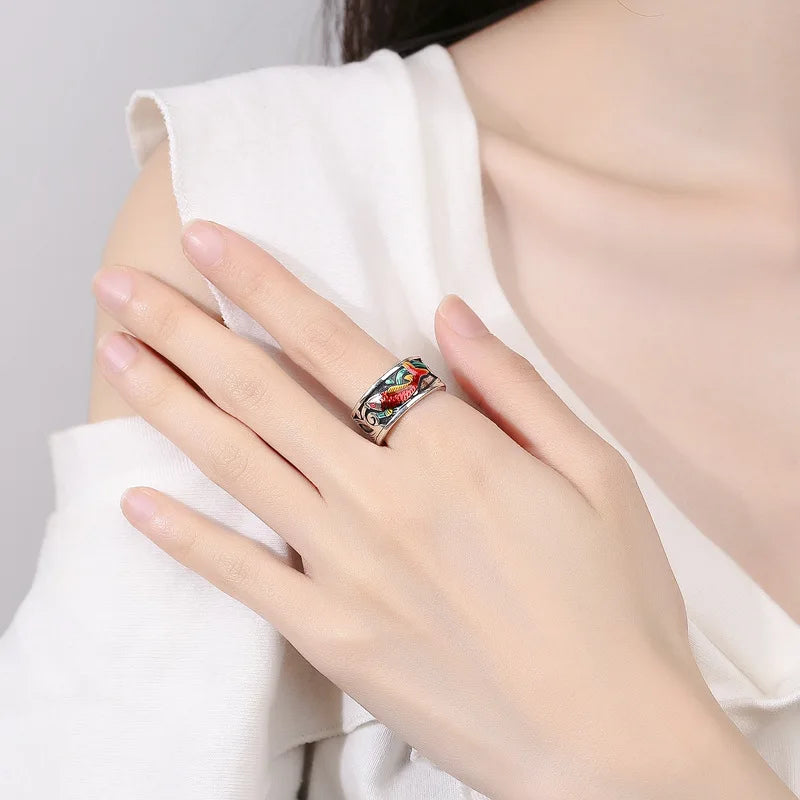 Retro Ethnic Style Enamel Carp Ring | Adjustable Opening Fashion Jewelry