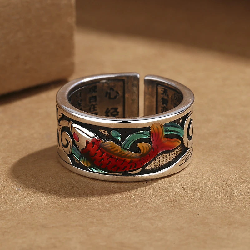 Retro Ethnic Style Enamel Carp Ring | Adjustable Opening Fashion Jewelry