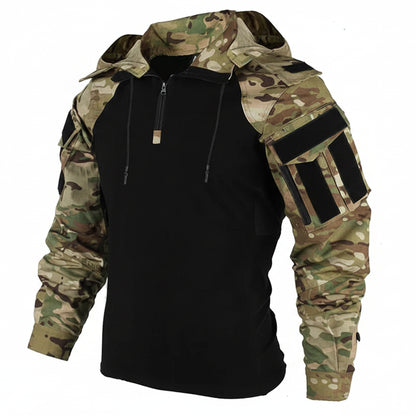 Black hoodie with camouflage sleeves and shoulder pads on a white background, featuring the brand 'HAN WILD'.