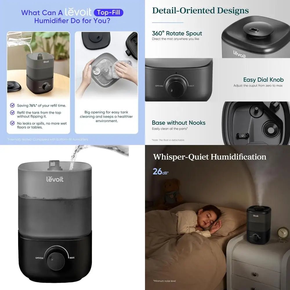 Top - Fill Humidifier 2.5L 360° Nozzle Auto Shut - Off Quiet Cool Mist Baby Bedroom Plants Black - GiftWave.co