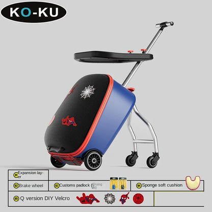 Multifunctional suitcase with attached scooter on a gray background, featuring the brand 'KO-KU'.