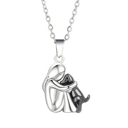 Cute Two-Tone Girl Hugging Dog Necklace | Handcrafted Pet Lover Pendant