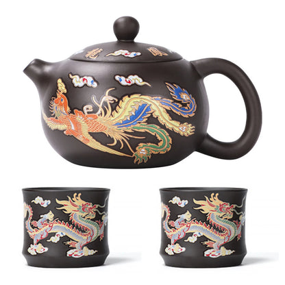 Hand-made Dragon & Phoenix Color-Changing Purple Clay Teapot | Traditional Zisha Art