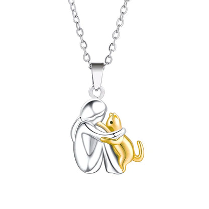 Cute Two-Tone Girl Hugging Dog Necklace | Handcrafted Pet Lover Pendant