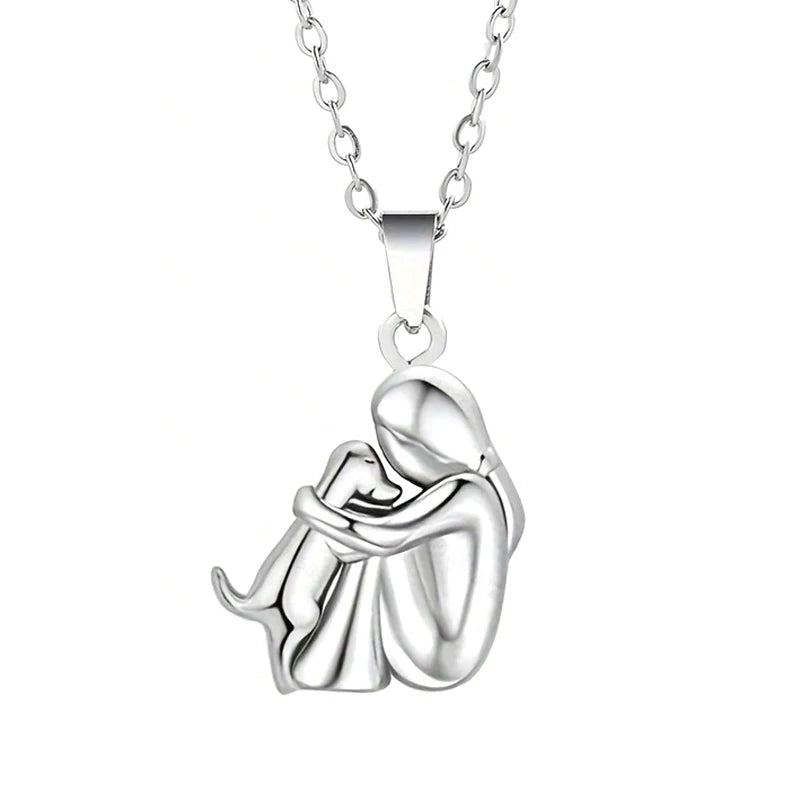 Cute Two-Tone Girl Hugging Dog Necklace | Handcrafted Pet Lover Pendant