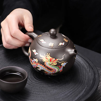Hand-made Dragon & Phoenix Color-Changing Purple Clay Teapot | Traditional Zisha Art