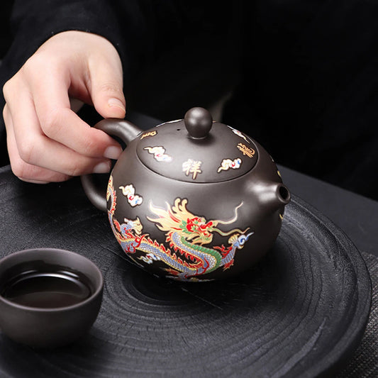 Hand-made Dragon & Phoenix Color-Changing Purple Clay Teapot | Traditional Zisha Art