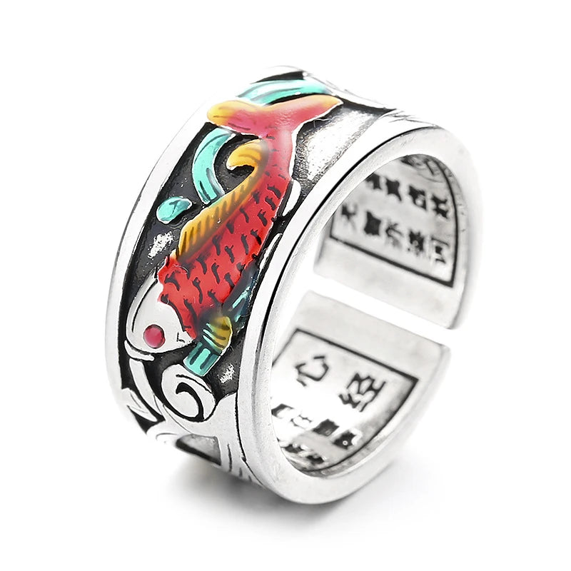 Retro Ethnic Style Enamel Carp Ring | Adjustable Opening Fashion Jewelry
