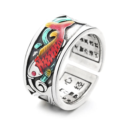 Retro Ethnic Style Enamel Carp Ring | Adjustable Opening Fashion Jewelry