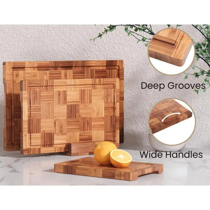Bamboo Charcuterie & Prep Board Set 3-Piece End Grain Butcher Block Juic... — View 3