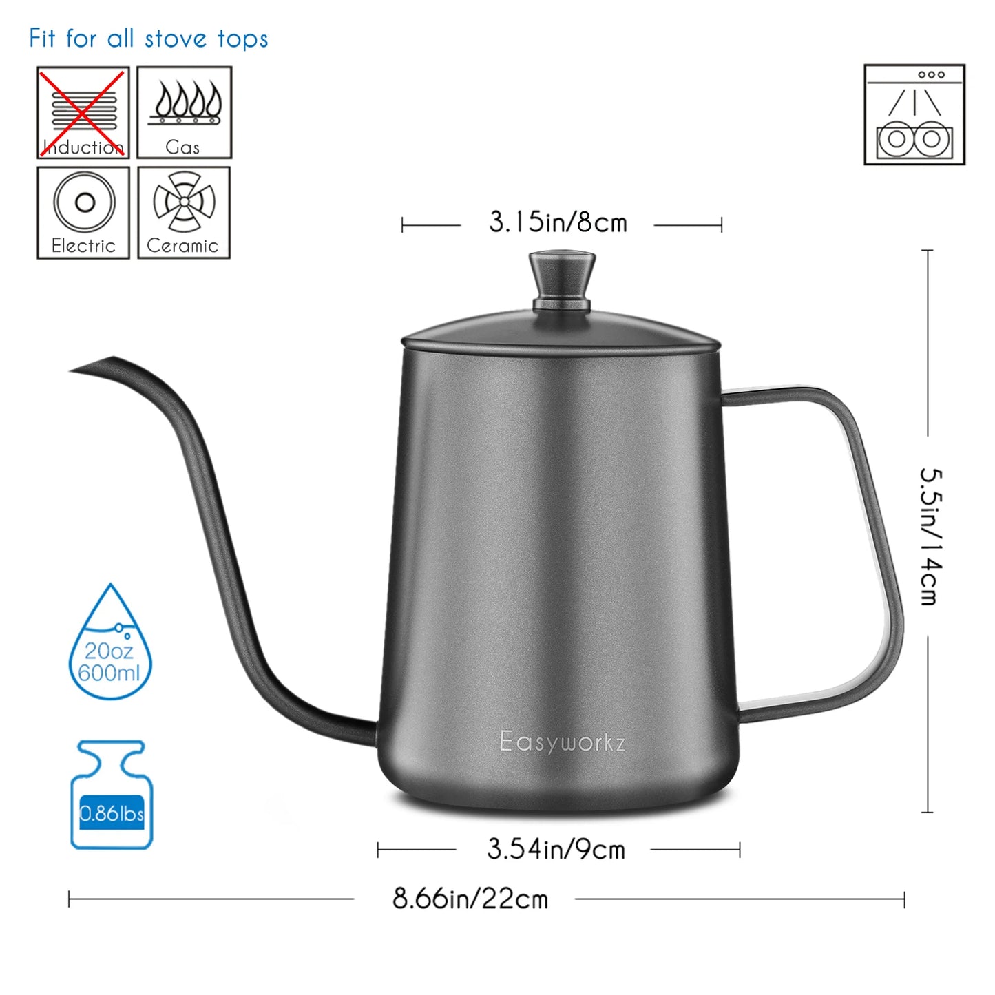 Easyworkz Gage Gooseneck Stainless Steel Pour Over Coffee Kettle - Coffe... — View 8
