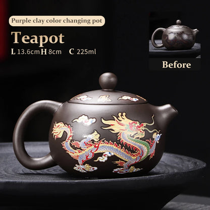 Hand-made Dragon & Phoenix Color-Changing Purple Clay Teapot | Traditional Zisha Art