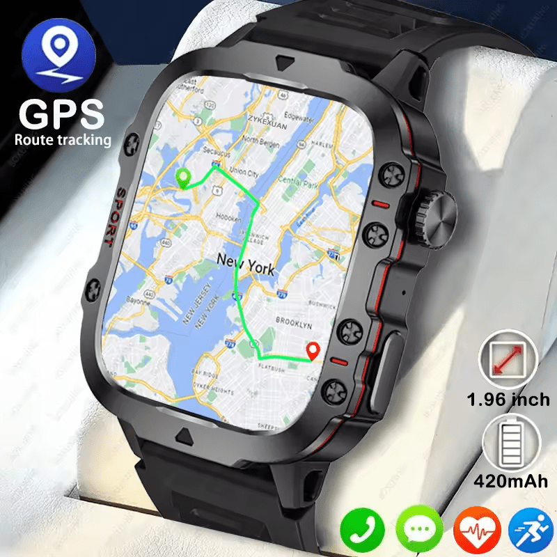 Men's Rugged GPS Smartwatch 1.96" AMOLED Bluetooth Call IP68 MIL - STD - 810H Compass Altimeter 15 Days - GiftWave.co