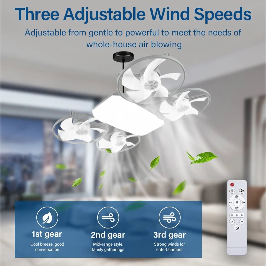 2-in-1 E27 Socket Ceiling Fan Light - Dimmable LED with Remote - 3 Color... — View 2