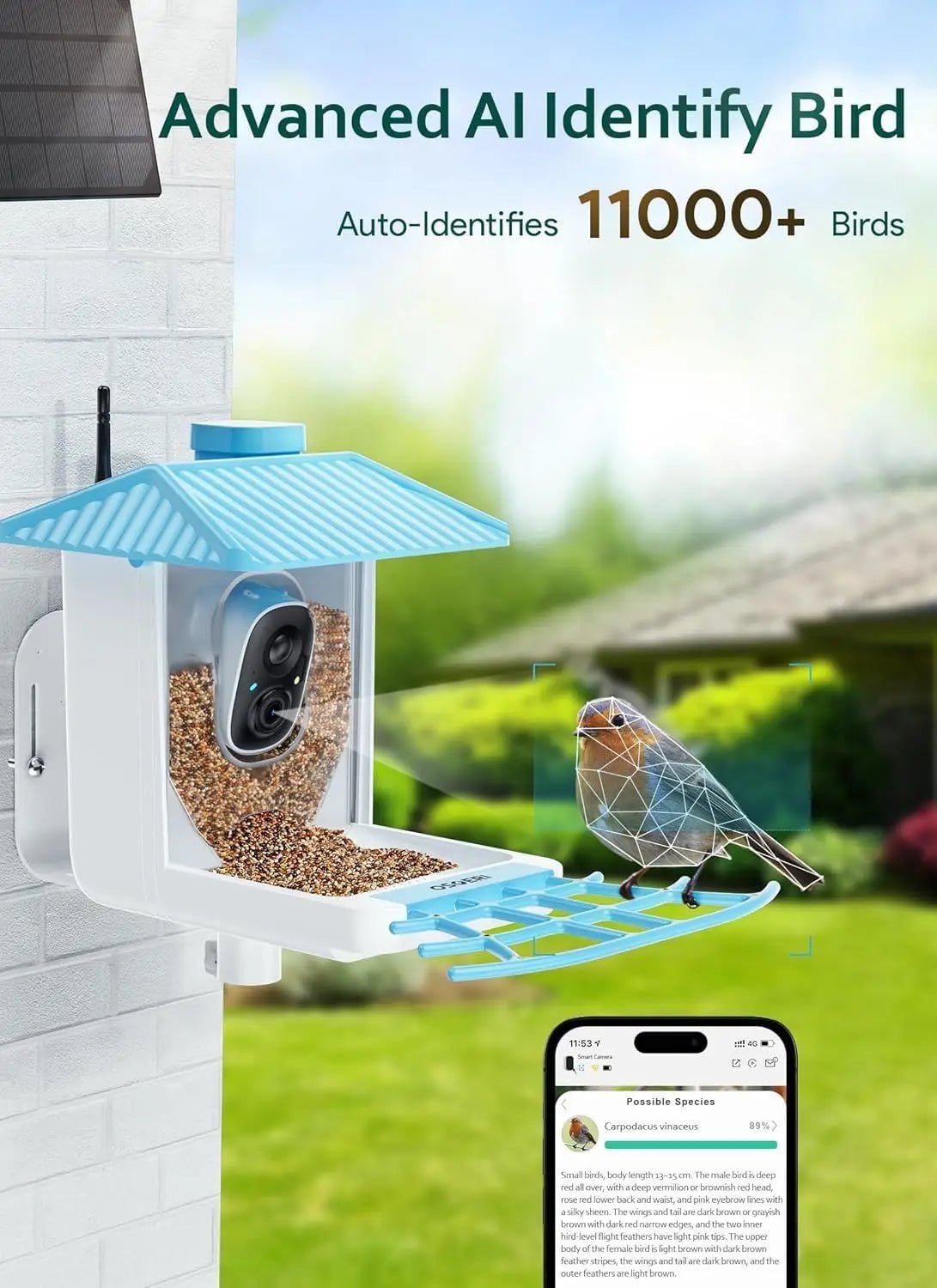 Smart Solar Bird Feeder with AI Camera HD WiFi Bird Watching Feeder Real... — View 3