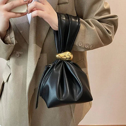 Pleated Mini Bucket Clutch Bag – Luxury Soft Leather Evening Pouch, Side Zipper, Women's Party Shoulder Bag - GiftWave.co