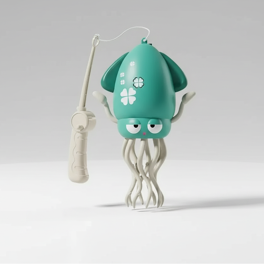 Teal octopus toy with remote control and dimensions on a white background