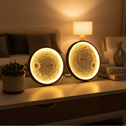 Two moon-shaped night lights with detailed surface texture on a reflective surface, branded 'ADELIER'.