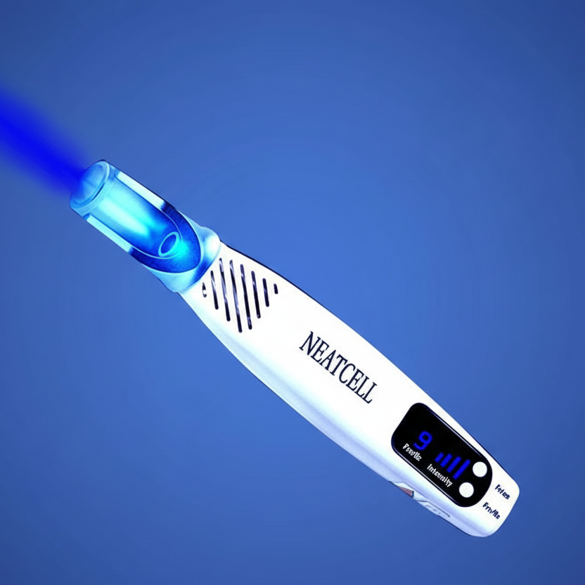 Neatcell electronic device with blue light on a blue background