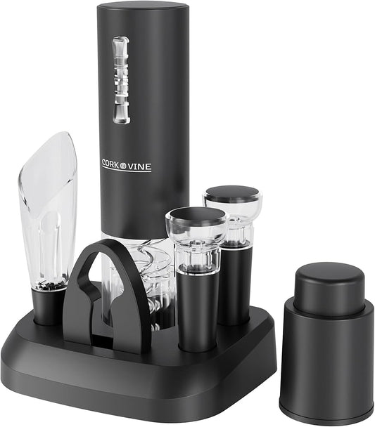 Electric Wine Opener Gift Set 7 - in - 1, Rechargeable Automatic Corkscrew with Foil Cutter Aerator Stoppers - GiftWave.co