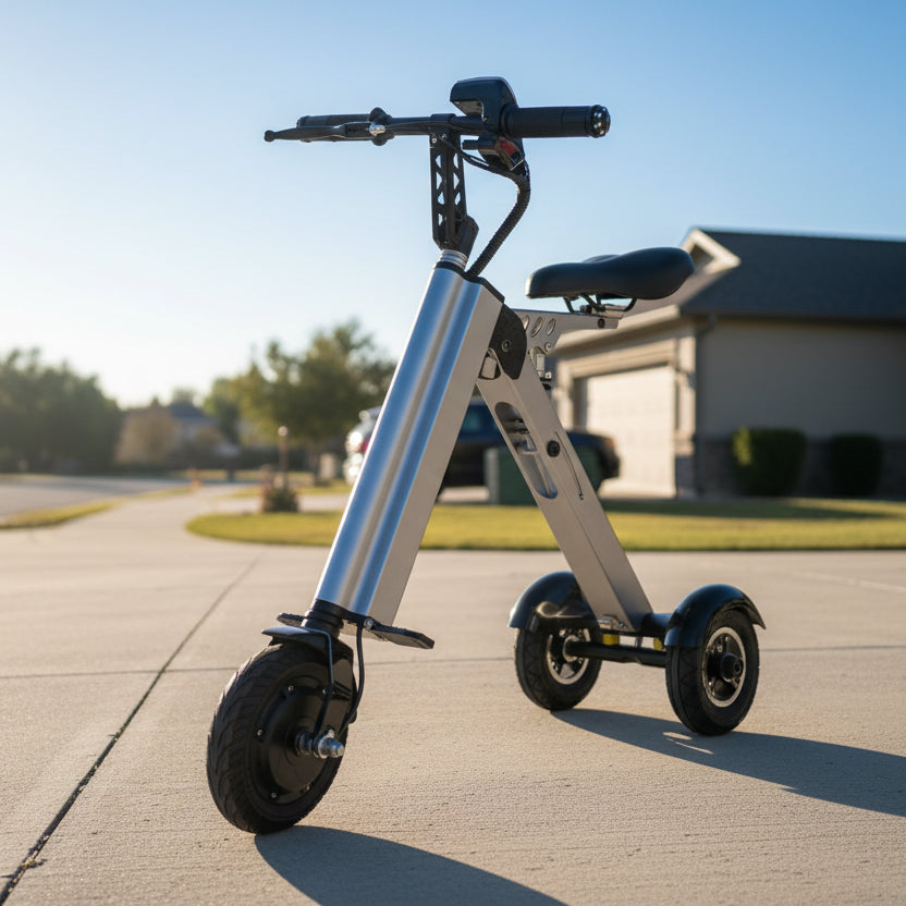 White electric scooter with black wheels and seat on a white background