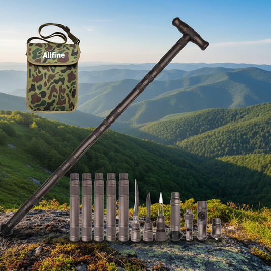 Hiking pole with a camouflage bag and multiple rifle bullets on a mountain landscape