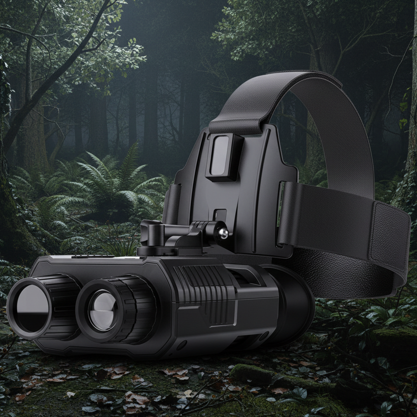 Black headlamp with binoculars in a forest setting