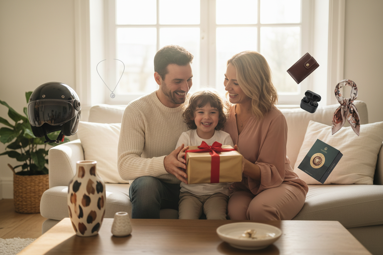 should feature a lifestyle image (family with child holding a gift) blended with "floating" product shots (Motorcycle helmet, Necklace, etc.) to show variety.
