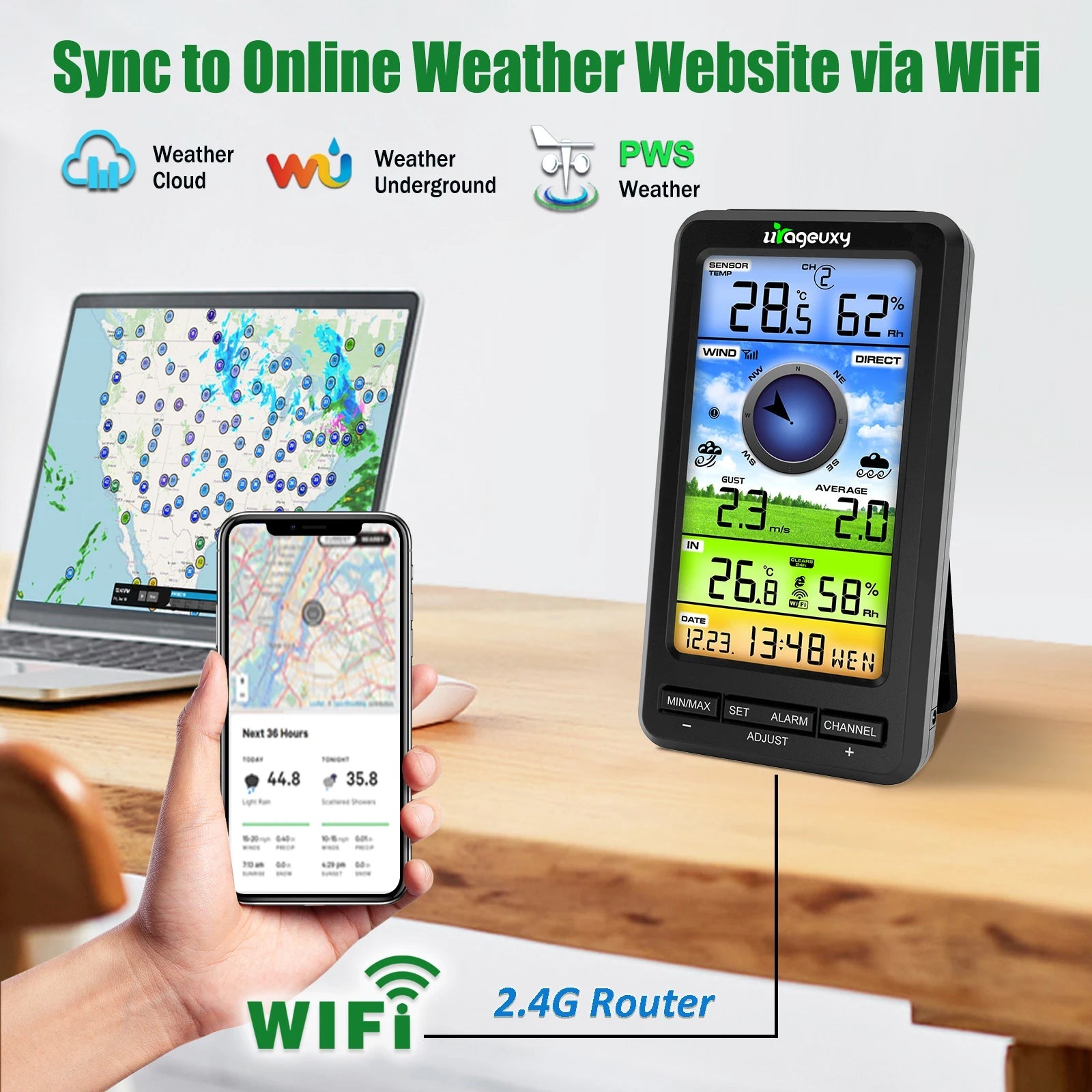 Smart Wireless Weather Station WiFi Indoor Outdoor Color Display Tempera... — View 5