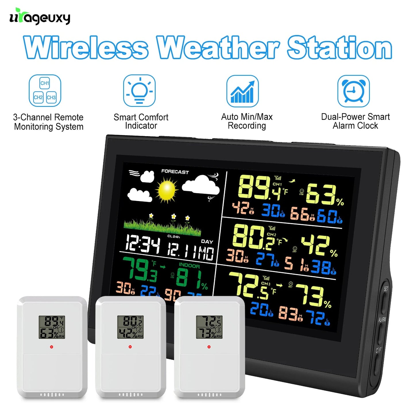 Smart Wireless Weather Station with 3 Sensors Large Color Display Indoor... — View 2