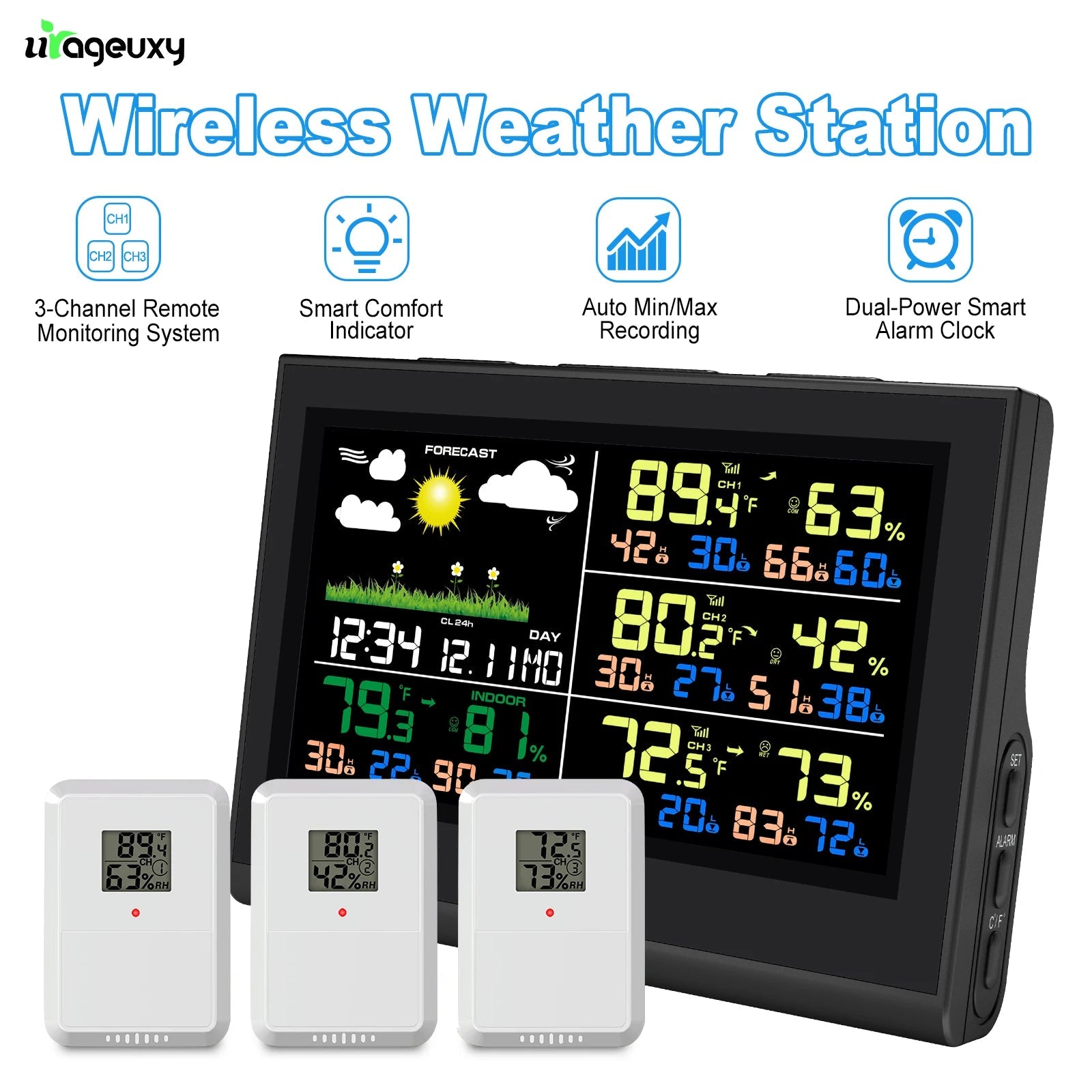 Smart Wireless Weather Station with 3 Sensors Large Color Display Indoor... — View 2